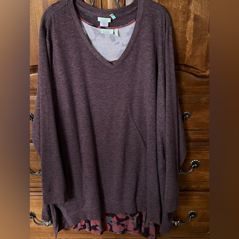 LOGO Lounge by Lori Goldstein Maple Heather Sweater Split Hem Top with Tank 3X